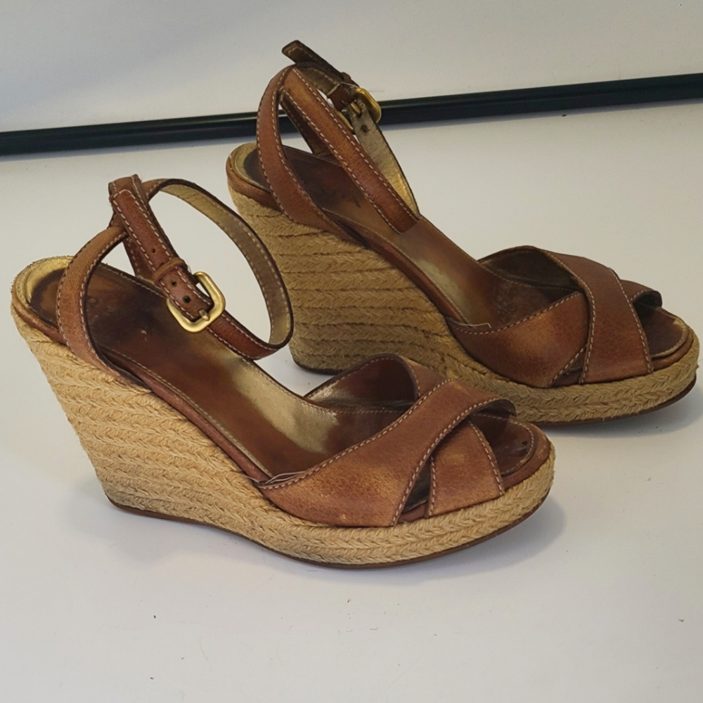 Prada Tan/Brown Leather Espadrille Wedge Sandals